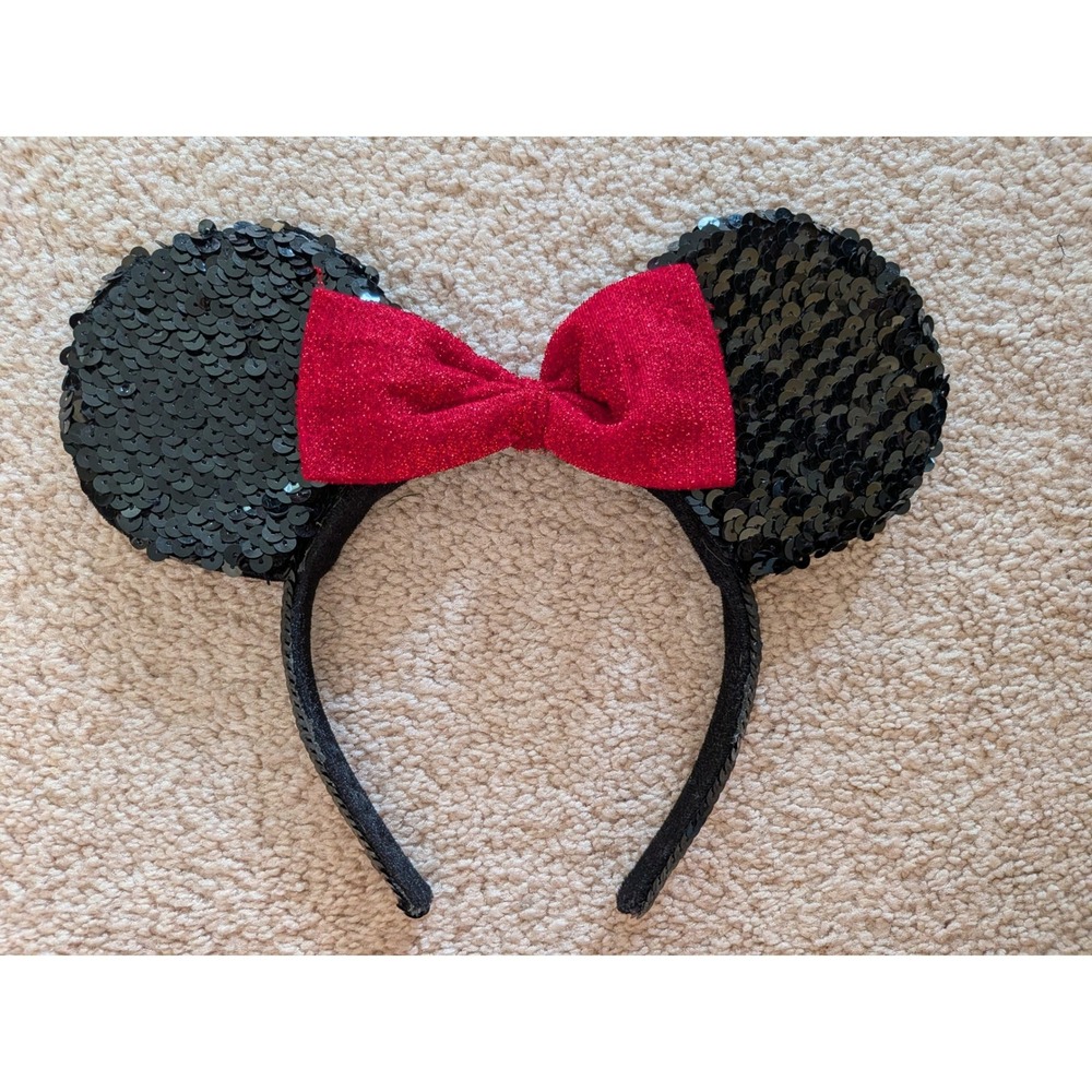 Classic Minnie Mouse Sequin Headband Red Glitter Bow Disney Ear Costume Travel